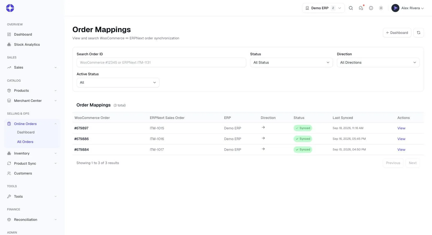 Order mappings — Every storefront order matched to its ERPNext sales order.